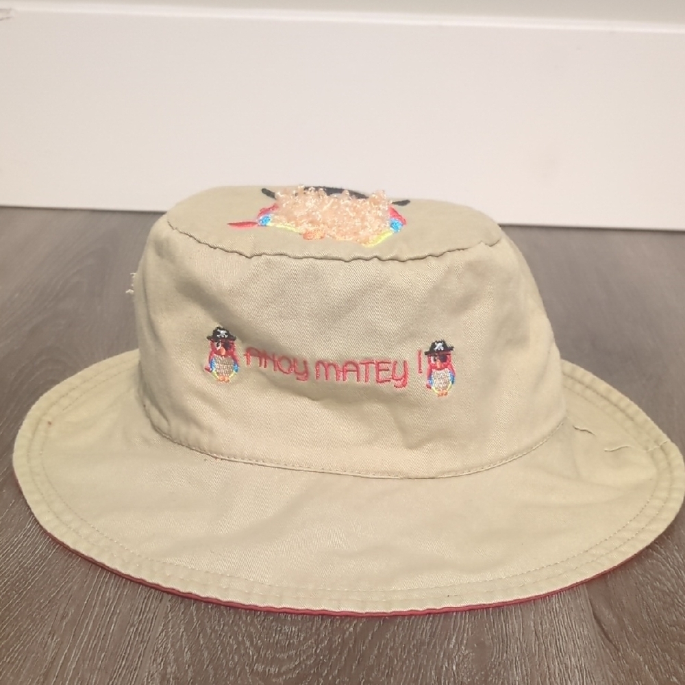 Child's Reversible Pirate Tan And Red Bucket Hat with Embroidered Design
